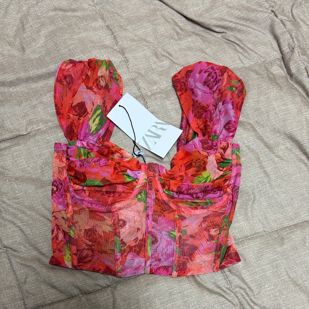 NWT Zara Vibrant Floral Mesh Sheet Bustier Small